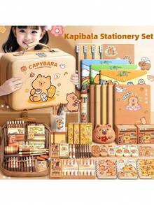 1 Set Capybara Themed Stationery Gift Box Set, Includes Various Capybara Design Items Such As Pen, Pencil Case, Notebook, Stickers, Eraser, Sticky Notes, Pendant, Etc. A Great Choice For Graduation Gifts, Birthday Gifts, Back To School Gifts, Valentine's Day Gifts (Stationery Styles And Colors Are Random) - Multicolor - View 1