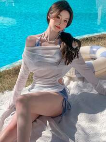 3pcs Set Of Simple Blue And White Summer Tie-Dye Style, Long-Sleeved Side Drawstring Lace, Beach Blouse Wrap, Bikini Suit, Neck Bra, Drawstring Shorts, Women'S Fashion Split Swimsuit Clothing, Gather Chest,, Swimming Vacation - 象牙白 - 查看 5