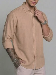 Set Of 2 Men's Long-Sleeved Linen Dress Shirts, Old Money Style, Viscose Linen, Cool, Casual, Italian Collar, Elegant - 綠色/棕色 - 查看 3