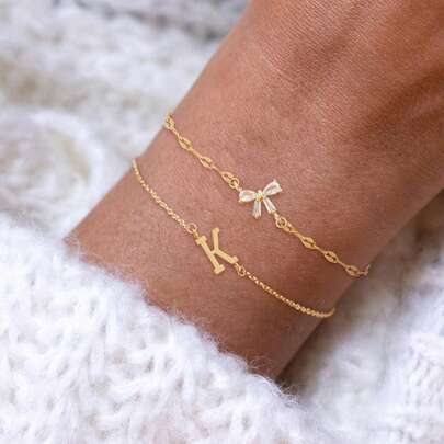 2Pcs/Set Simple Vintage Artificial Crystal Bowknot Initial Pendant Golden Stainless Steel Layered Chain Bracelets For Women