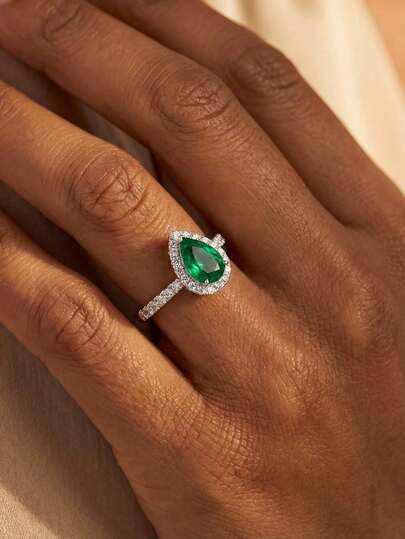 1 pieza Anillo de plata de ley 925 con elegante esmeralda de circonita vintage, joyería exquisita, regalo de cumpleaños, regalo de fiesta