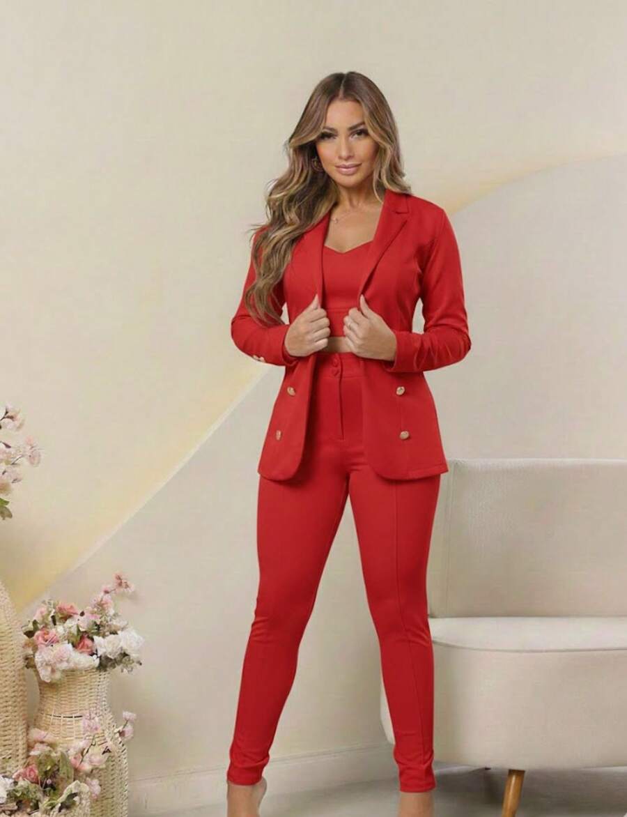 Women's Three-Piece Set With Cropped Blazer And Pants. - Rojo - Ver 1