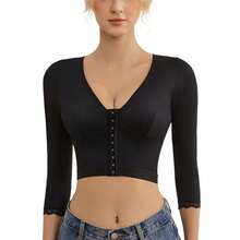 Slimming Arm Shaper Tops For Women, Lace Sleeve Compression Tank Top With Front Closure Bra, Chest Binder Shapewear, Ideal For Autumn & Holiday Costumes - 黑色 - 查看 10