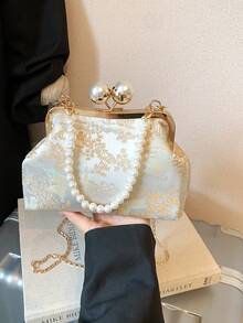 Bolso de mano con decoración de perlas con patrón geométrico y de graffiti aleatorio, elegante bolso de moda para fiesta y compras - Beis - Ver 7
