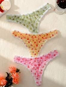 3件套 女士轻薄透气网眼面料水果印花低腰丁字裤 - 彩色 - 查看 7