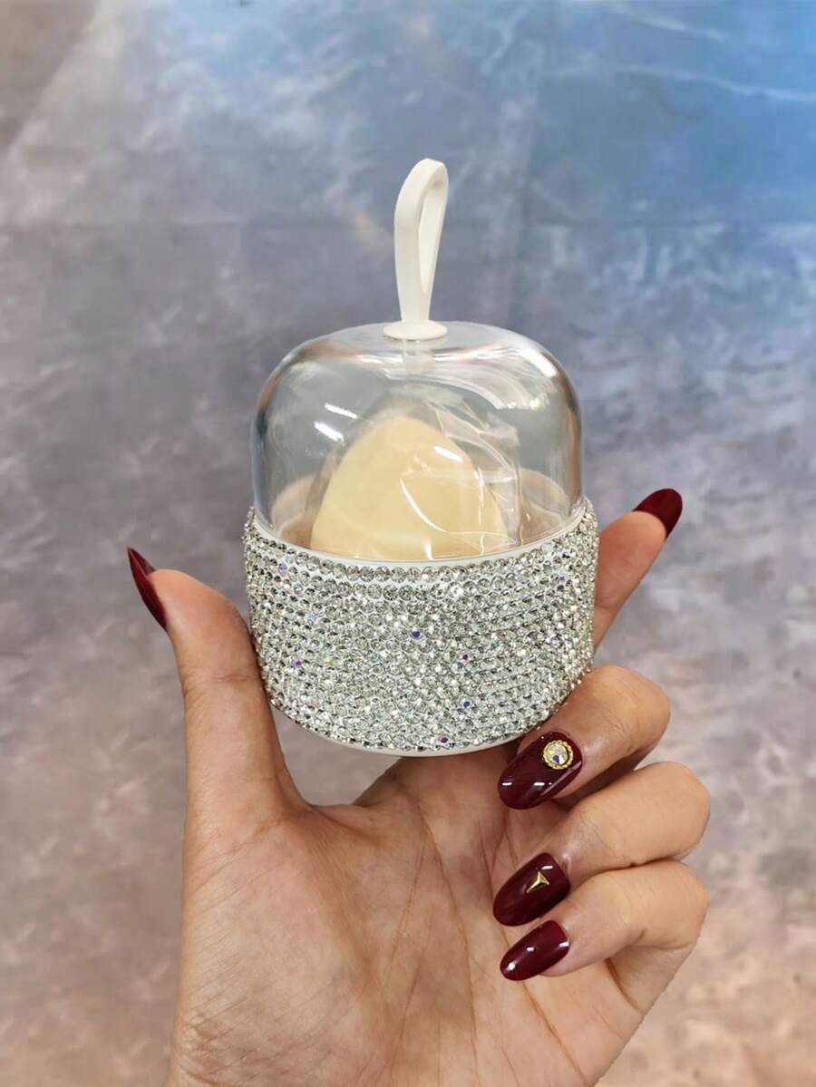 1pc Rhinestone Decorated Makeup Sponge Storage Box, Elegant Shiny Compact Makeup Puff Holder, Dust-Proof Daily/Travel Use, Random Color Delivery