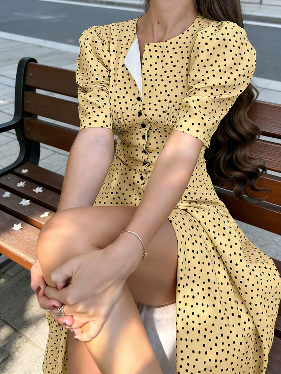 Vestido de vacaciones para mujer, vestido de línea A con abertura y estampado de lunares amarillos con lazo, conjunto elegante de playa y vacaciones para primavera/verano - Amarillo - Ver 1