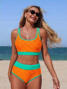 Ladies' Summer Beach Bikini Set, Combining Bright Contrasting Colors With Hollowed Out Embroidery. Skin Friendly Fabric, Soft And Comfortable Texture, Breathable And Quick Drying, Elastic. Suitable For Swimming, Surfing, Beach, Tropical, Honeymoon, Sports, Vacation, Pool Parties, Etc. - 橘色 - 查看 1