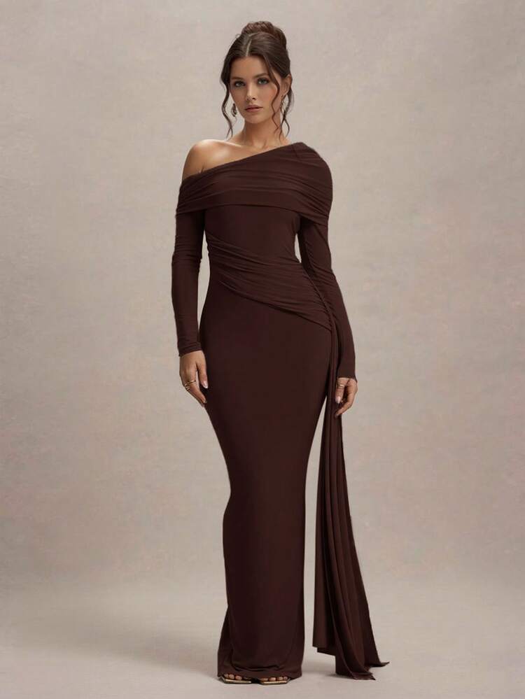 Elegant Solid Color Ruched Asymmetric Collar Fitted Formal Dress, Suitable For Wedding, Formal Party, Banquet - Brown - View 1