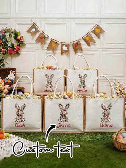 Customized Faux Embroidery Easter Tote Bag, Personalized Easter Basket Tote Bag, Floral Bunny Easter Gift, Letter Print Tote Bag, Linen Bag
