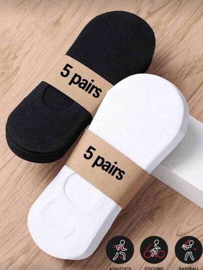10 Pairs Invisible Low-Cut Socks, 5 White And 5 Black, Suitable For Size 39-45, Couple Style Boat Socks (With Paper Board, No Waistband Card)