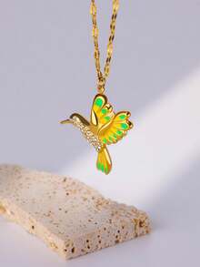 1Pc Colorful Hummingbird Pendant Necklaces For Women Men, Hopeful Flying Bird Necklace With Enamel Cubic Zirconia, Stainless Steel Chain Necklace, Bohemian Colorful Animal Lucky Jewelry Fashion Accessories, Perfect Gift For Summer Beach Music Festival / Valentine's Day / Mother's Day - Bird - View 6