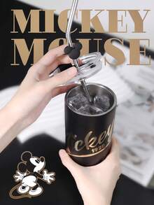 Disney 1 pieza Taza portátil de acero inoxidable 316 con pajita, estilo lindo y de dibujos animados, taza de doble uso de 480ml, regalo para fiesta - Negro - Ver 4