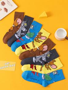 OBM Sleepwear X TOM & JERRY 4双猫鼠卡通图案男士中筒袜，可爱趣味设计，透气吸湿，适合学生/成人穿着，男女皆宜的夏季休闲袜，情侣礼物 - 彩色 - 查看 8
