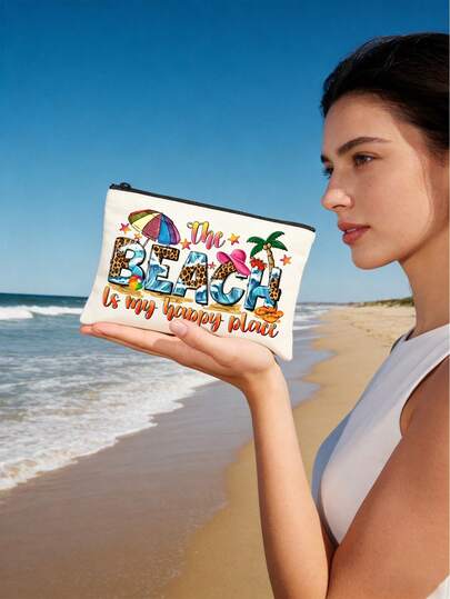 1pc Makeup Bag With The "Beach" Letter Pattern And Coconut Tree And Other Elements Printed On It, Wash Bag, Travel Bag, Makeup Bag, Makeup Bag, Skincare Bag, Wash Bag, Suitable For Shopping, Skincare Storage Bag, Suitable For Large Capacity Fashionable And Simple Style, Suitable For Outdoor Picnics, Parties, Travel And Shopping.Easter, Mother's Day, Independence Day, Wedding Season, Graduation Season, It Is The Best Gift To Give To Friends, Relatives And Partners On Valentine's Day
