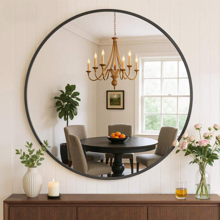 Round Mirror, Round Bathroom Mirror For Over Sink, Black Metal Frame Round Wall Mirror, Circle Mirrors For Wall, Bathroom Vanity Mirror, Decorative Mirrors For Living Room, Bedroom, Entryway - 黑色/24in - 查看 1