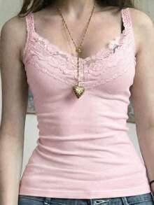 阳光少女风 Y2K 女式粉色针织吊带背心，蕾丝拼接，性感纯真风格，适合街头、通勤、休闲和居家穿着。 - 粉色 - 查看 3