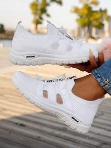 Women's Knitted Elastic Slip-On Casual Sneakers, Minimalist Versatile Lightweight Comfortable Soft-Sole Sock Shoes, Mesh Breathable Non-Slip Running Shoes - White - View 1