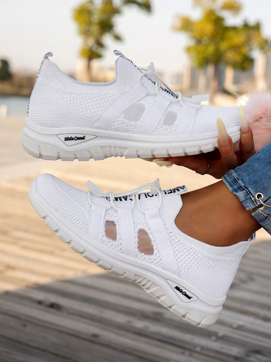 Women's Knitted Elastic Slip-On Casual Sneakers, Minimalist Versatile Lightweight Comfortable Soft-Sole Sock Shoes, Mesh Breathable Non-Slip Running Shoes - White - View 1