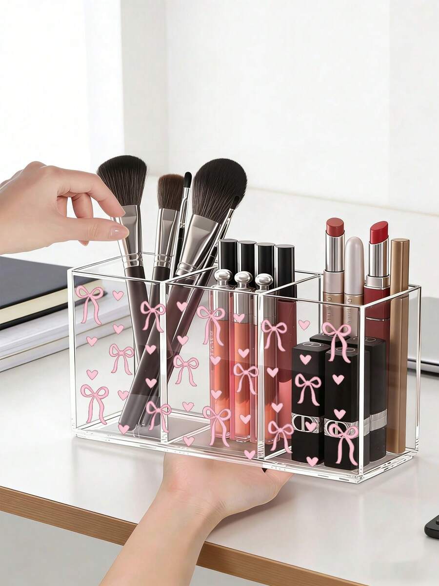 Hộp đựng mỹ phẩm và đồ dùng văn phòng bằng acrylic hình nơ hồng - Hộp đựng đồ để bàn 3 ngăn có giá đựng cọ trang điểm, giá để bàn tiết kiệm không gian trong phòng tắm, hộp đựng đồ dùng trên bàn (nhựa bền, thiết kế nhỏ gọn), hộp đựng nước hoa. - Nhiều màu - Xem 1