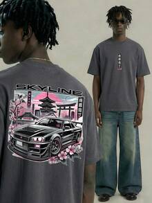 Fractyr Men's Fashionable Printed Loose Short Sleeve T-Shirt | Exquisite Design | Racing Car & Cherry Blossom Print | Summer Essential | Easy To Match, Showcase Your Style - Dark Grey - View 4