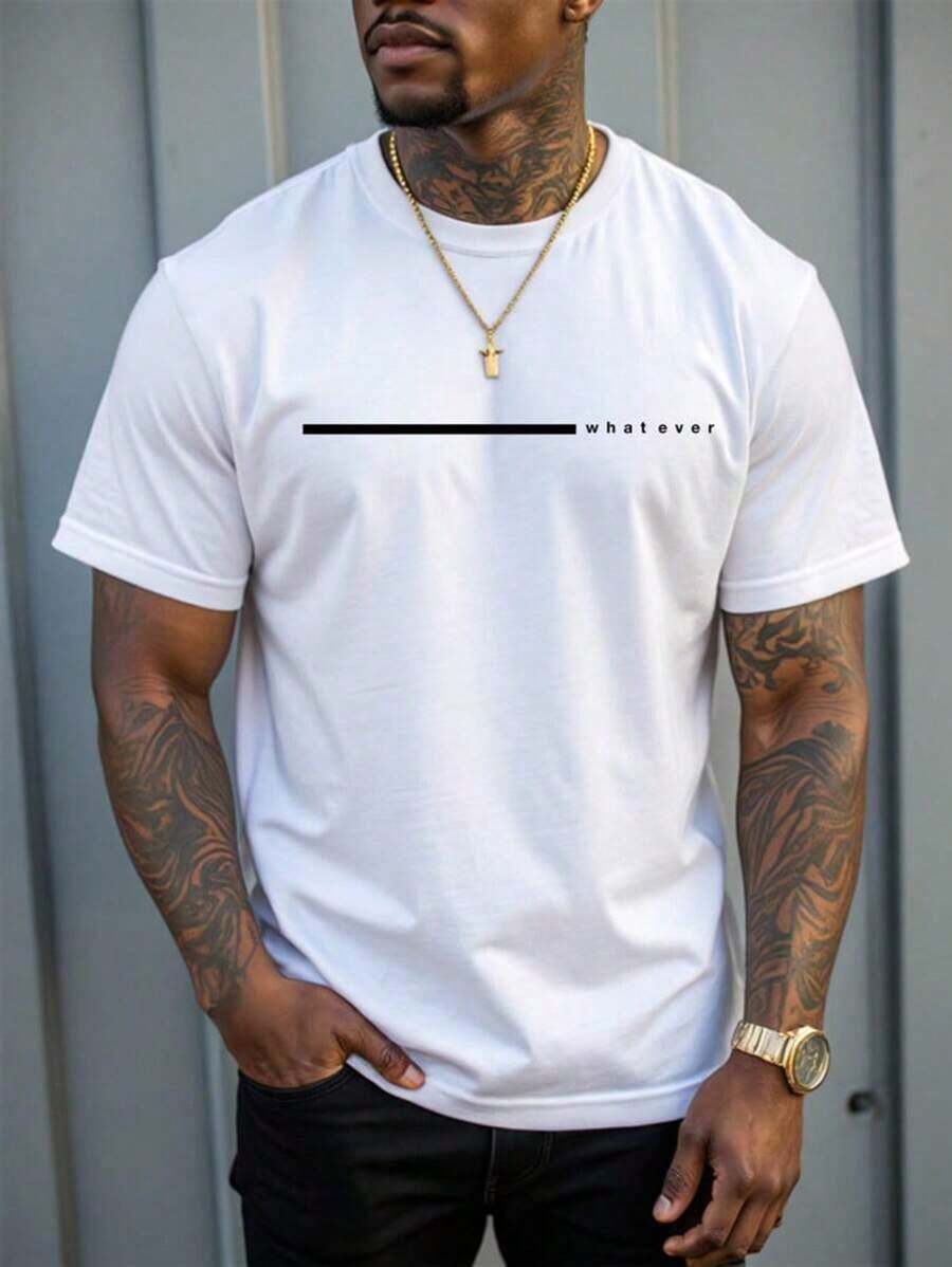Plus Size Men Clothes, Letter Print Crew Neck Short Sleeve Casual T-Shirt, Classic, Versatile,   For Men - 白色 - 查看 1