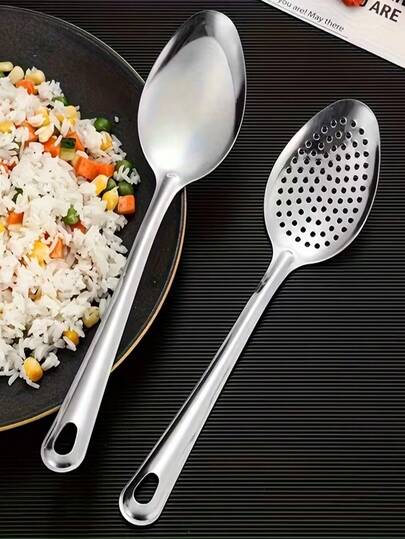 1/2/4pcs Stainless Steel Large Serving Spoon Set, Big Size Dining Spoons, Perforated Spoons, Suitable For Home, Kitchen, Restaurant And Hotel, Essential Kitchen Supplies