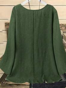 YFY Women's Casual Western Style Solid Color Round Neck Long Sleeve Flared Cuff Shirt, Soft & Lightweight Polyester Fabric, Suitable For Spring/Summer Everyday Wear & Loungewear - Army Green - View 2