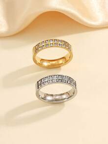 2pcs Stainless Steel Fashion Minimalist Gold-Tone Rings Set, Inlaid With White Rhinestones, Suitable For Women's Daily Wear Or Gift - Multicolor - View 2
