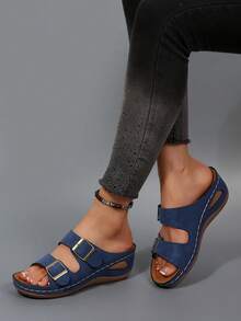 1 par de sandalias de plataforma cómodas de estilo bohemio con suela gruesa para vacaciones en la playa y uso al aire libre, sandalias de cuña de verano de moda casual para mujer - Azul Marino - Ver 3