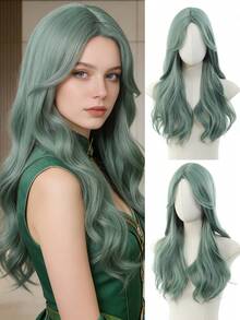 女士绿色长卷发动漫角色扮演假发，采用耐热高温纤维制成，适合派对、学校嘉年华、音乐会、度假摄影、复活节主题活动、动漫展、圣帕特里克节等场合佩戴。 - 綠色 - 查看 8