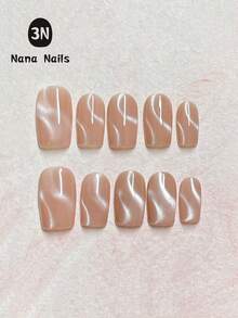 10pcs Spring Floral Pattern Double-S Flowing Satin Nude Orange Cat Eye Nail Stickers | Handmade Short Rectangle Nail Art Set, Luxury & Fashionable Handmade Press On Nails - Champagne - View 10