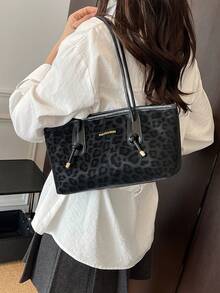 新款多功能通勤包，豹纹时尚大容量手提包，时尚高档手提包/单肩包 - 黑色 - 查看 4