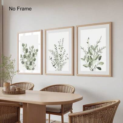 Juego de 3 impresiones botánicas de acuarela, hojas de eucalipto verde salvia, arte de pared de galería, arte de pared botánico minimalista de verano, obra de arte de rama floral de estilo Japandi neutro para decoración del hogar moderno de sala de estar y dormitorio, sin marco
