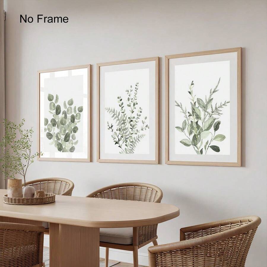 水彩植物印花三件套，绿色桉树叶鼠尾草叶画廊墙饰，夏季简约植物墙饰，日式北欧风中性花卉枝条艺术品，适用于客厅卧室现代家居装饰，无框 - 葉子 - 查看 1