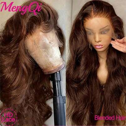 34 Inch Brazilian Virgin Hair Lace Front Wig, Chocolate Brown Color, 200% Density, Natural Hairline, No Glue Needed, Mixed Human Hair, 13x4, 5x5, 13x6 HD Lace Front Wig, Pre-Plucked Hairline With Baby Hair, Wavy Curly Mixed Human Hair Wig, For Women