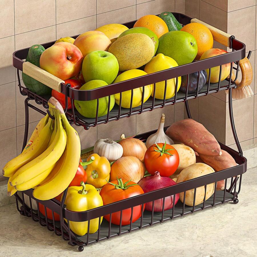 BDQ 2 Tier Large Fruit Basket For Kitchen Counter With 2 Mobile Banana Hangers, 2026 Pro Detachable Metal Fruit Bowl With Wooden Handle (Brown, 2 Tier)
