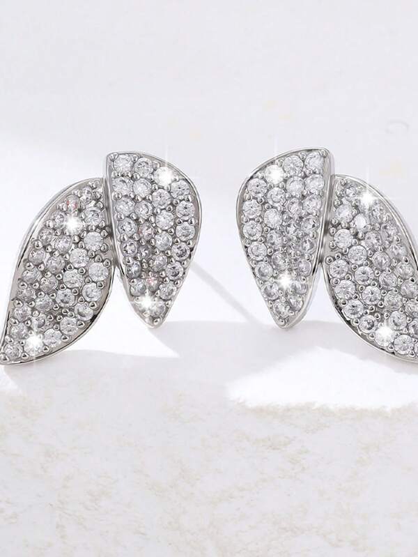 1 Pair Elegant Zirconia Leaf Design Earrings, Versatile Daily Wear For Women