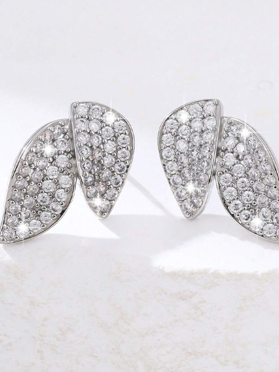 1 Pair Elegant Zirconia Leaf Design Earrings, Versatile Daily Wear For Women - 10# - View 1