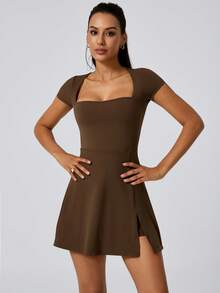 NcmRyu 1 Set Women's Elastic Running, Fitness, Tennis, Pickleball, Golf Sports Dress - Brown - View 10