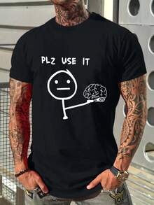 1 Piece Of Men's Short Sleeve T-Shirt, Pure Cotton, Casual, Comfortable And Versatile, Men's T-Shirt, Modern And Fashionable, Manfinity Homme, Casual Short Sleeve T-Shirt With Cartoon And Slogan Print, For Going Out, For Husband. - 黑色 - 查看 7
