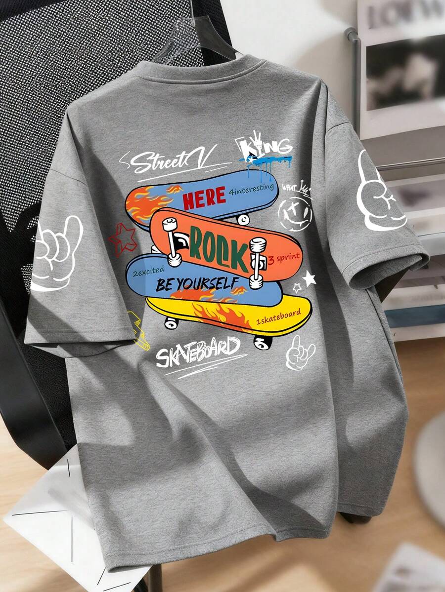 1pc Boys' Colorful Skateboard Print Short Sleeve T-Shirt, Soft Breathable Fabric, Casual Sports Style For Summer - Grey - View 1