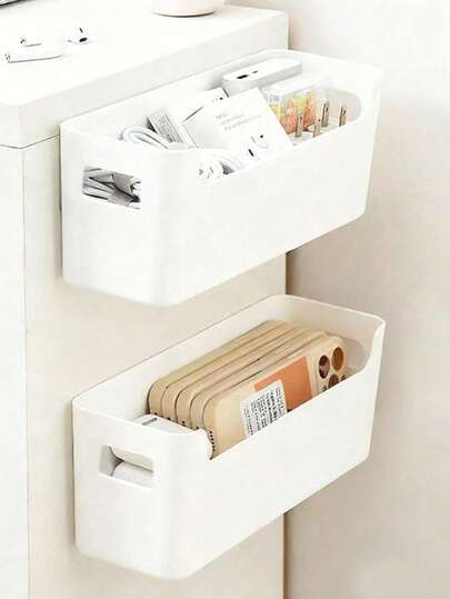 2 Packs Self Adhesive Wall Mounted Storage Bins, No Drilling Hanging Organizer With Handle, Multi-Function Plastic Container For Phone Cosmetics Cable, Bathroom Kitchen RV Dorm White