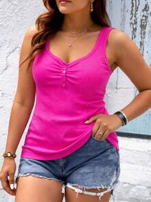 Pure Cotton Tank Top With Ribbed Design In The Middle, Knitted Fabric With Buttons. - Rose Red 2 - View 4