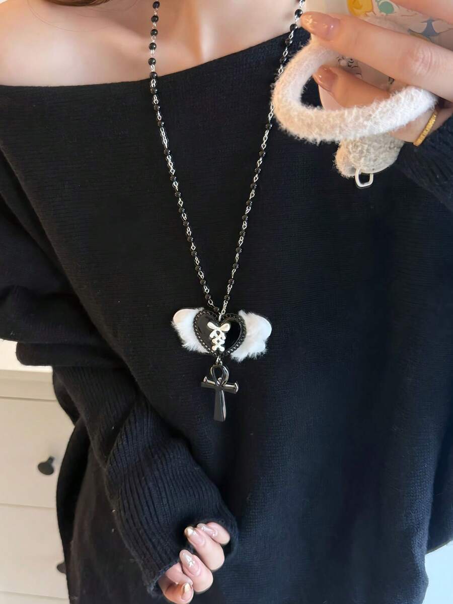 1pc Fashionable Y2K Cute Style Wing, Heart, Cross Multi-Element Beaded Necklace, Metal Black Pendant Necklace, Suitable For Women's Daily, Party, Music Festival Wear, Daily Gift, Holiday Gift - Black - View 1