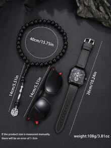 3pcs Men's Premium Leather Accessory Gift Set - Black Rosary Beads, Black Quartz Watch, Black Glasses, Business Style And Birthday Gift, Comes With Gift Box - Black - View 2