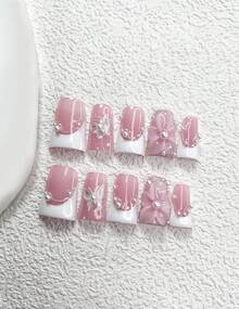 10Pcs Fairy Style Polygel Nail Set,Acrylic Press-On Nails,Hand-Pinched Five-Petal 3D Camellia Nail Art Accessories,White Butterfly Sticke,Adorned With Small White Pearls,White Nail Polish,Romantic Newlywed Nail Art Set,Comes With Nail Tools(1 Sheets Jelly Stickers+1PC Nail File)3 Sizes Available,Almond Nails, Duck Nails,Coffin Nails,Suitable For Daily, Reunion,Party,Photograph,Play,Spring Summer,Commute Supplies Nails - 彩色 - 查看 2