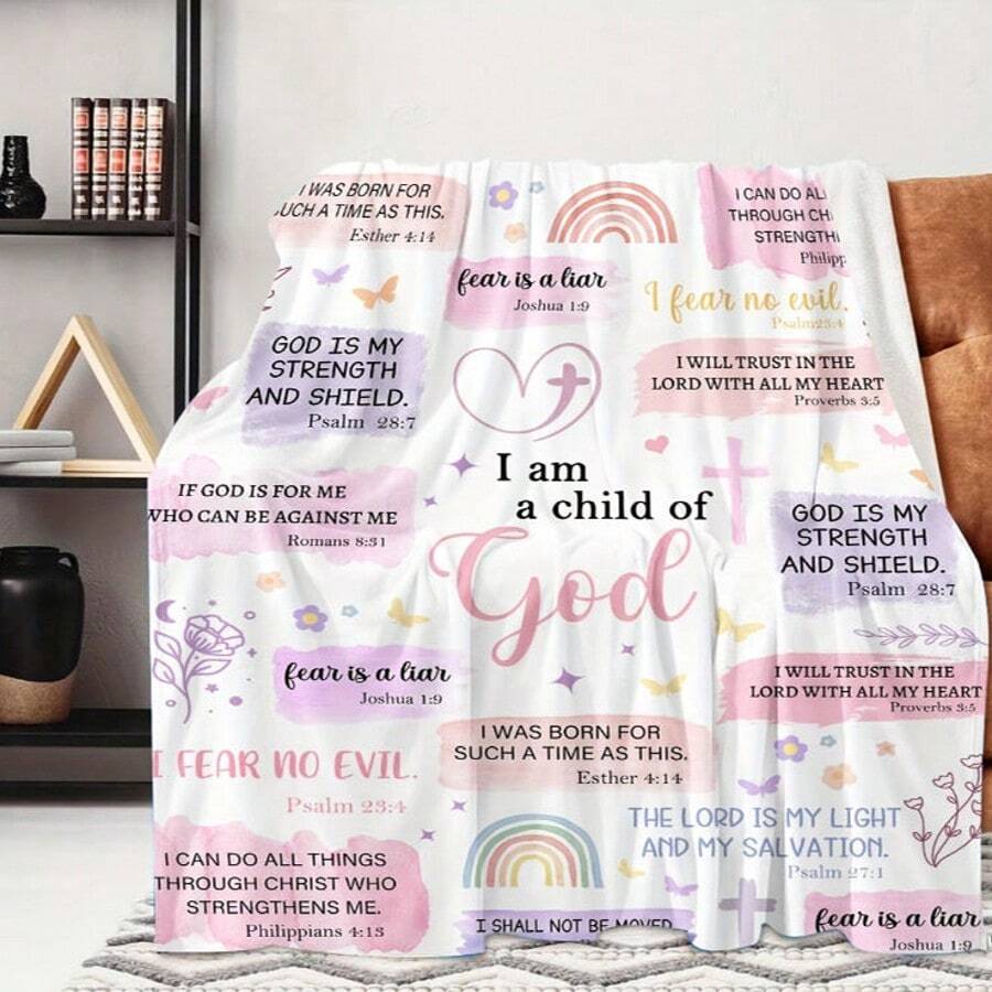 1 pieza "Soy el hijo de Dios" Manta de felpa con fe, manta de franela con estampado, diseño de punto de poliéster suave, uso versátil, lavable a máquina, manta y manta esponjosa ideal para el hogar, viajes, exteriores, cálida y acogedora, adecuada para todas las estaciones - Multicolor - Ver 1