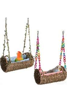 All-Season Parrot Nest Pad - Suitable For Parrot And Parakeet Rattan Swing Bed Toys. Woven Hanging Hammock Suitable For All Seasons, Parrot Hanging Hammock Swing, Handwoven Bird Nest, Hanging Bed Chair, Seaweed Woven Hanging Bed, Year-Round Bird Nest, Warm Bird Nest Hammock, Hooked Rattan Swing, Bird Cage Accessories. - A - View 9