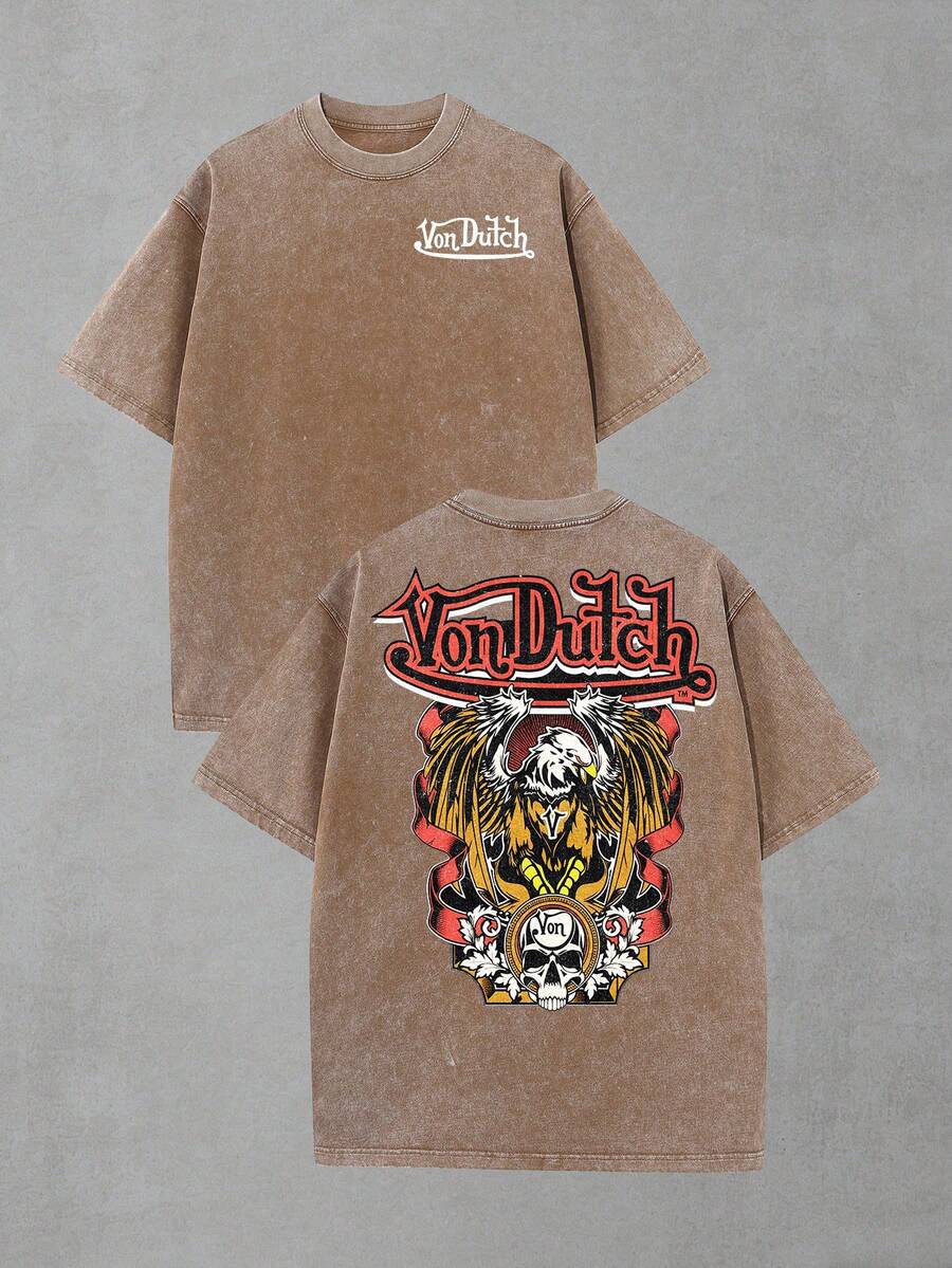 Van Dutch Eagle Skull Badge Graphic Men's Vintage Washed Oversized Crew Neck Short Sleeve T-Shirt - Lightweight Comfort Cotton For Daily Casual & Punk Outfits, Gift For Gothic Fans, Camisas Para Hombre, Oversized Mens Shirt - 咖啡棕 - 查看 1
